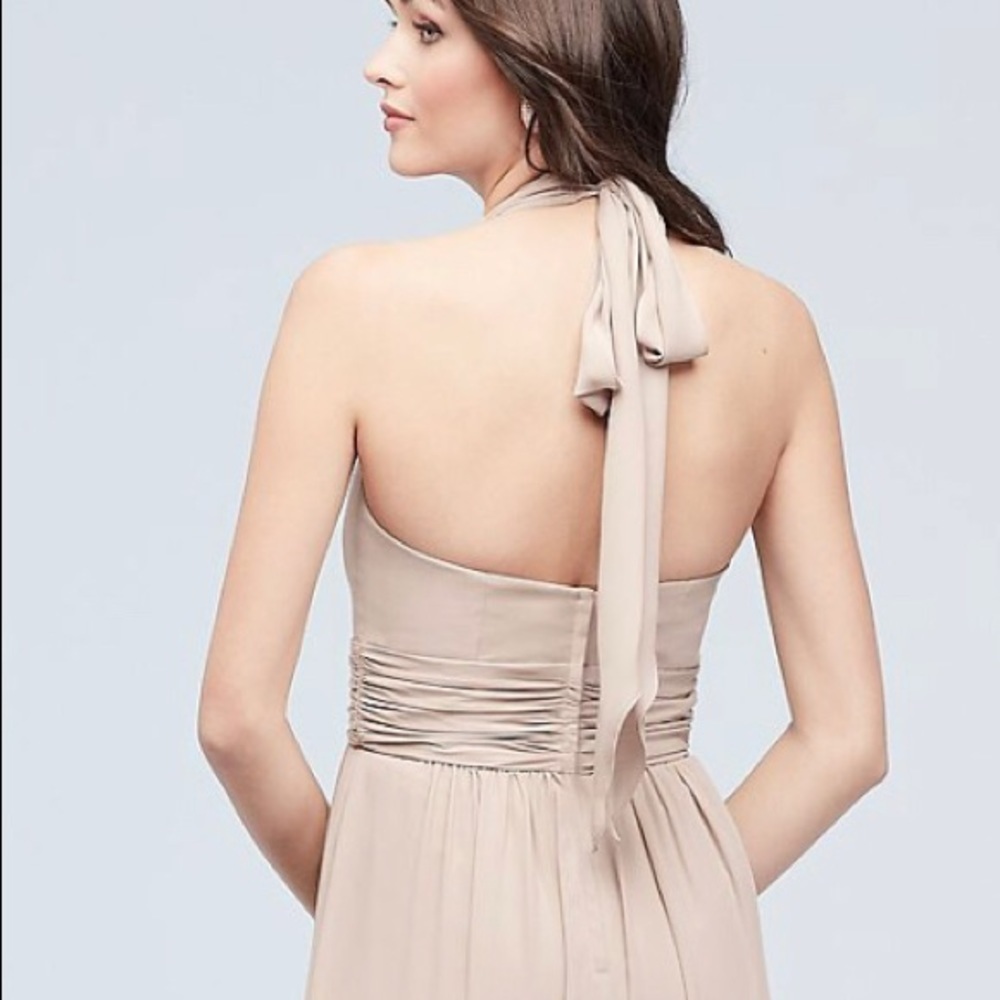 David’s  Bridal Halter Ruched Waist Georgette Bridesmaid Dress - Picture 4 of 5